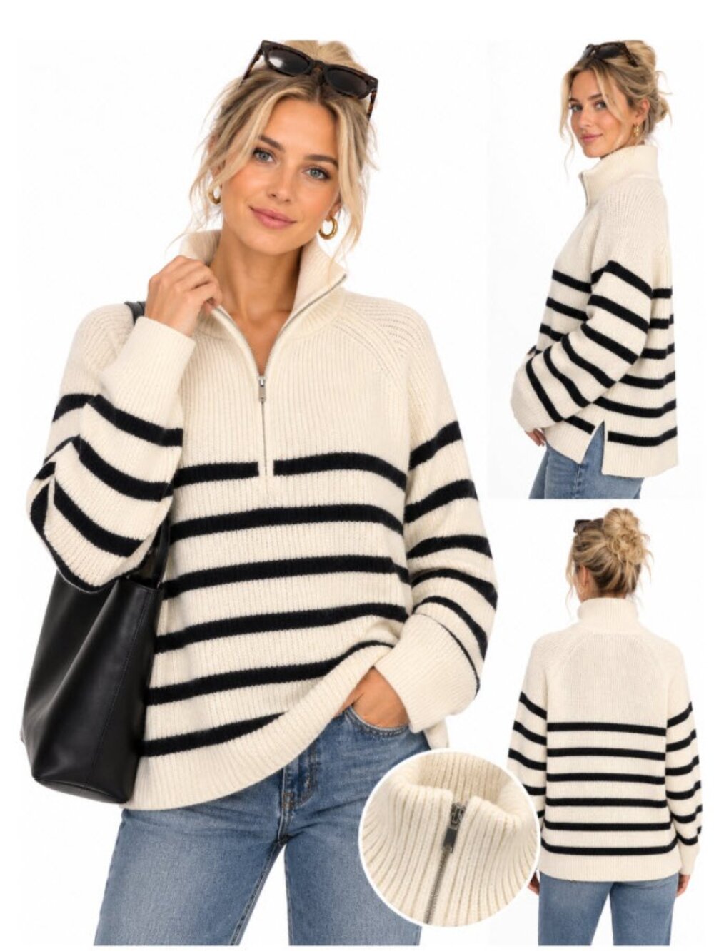 H&M Cream Black Striped Half-Zip Funnel Neck Ribbed Sweater XXL NWOT